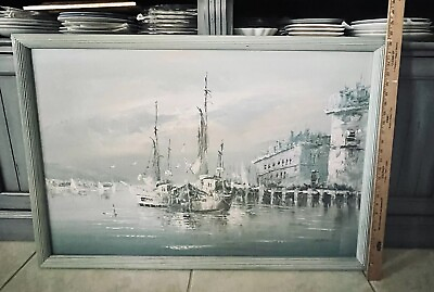 #ad Original Oil Painting Canvas Nautical Fishing Boat Seascape Harbor Marina Signed $300.00