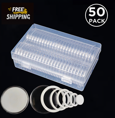 #ad 50PCS*40.6mm Coin Capsules Round Plastic Coin Holder White gaskets with Case Box $12.88