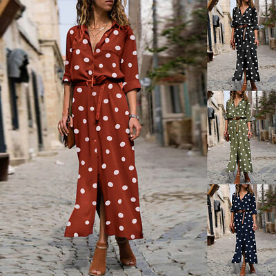 #ad US Womens Polka Dot V Neck Maxi Dress Ladies Button Casual Shirt Dress Plus Size $18.67