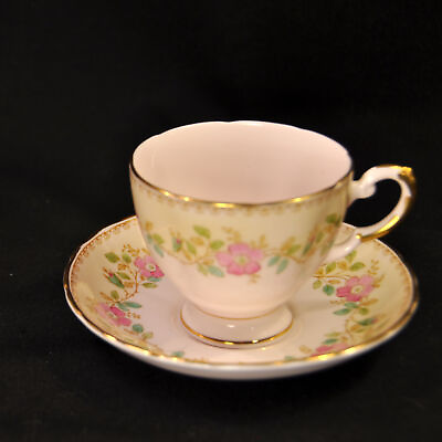 #ad Plant Tuscan Footed Cup Saucer 75844 Hand Painted Pink Floral w Gold 1936 1940#x27;s $48.98