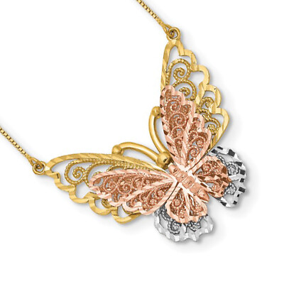 #ad 14k Pink White Yellow Gold Three Tone Animal Insect Tricolor Butterfly Necklace $662.03
