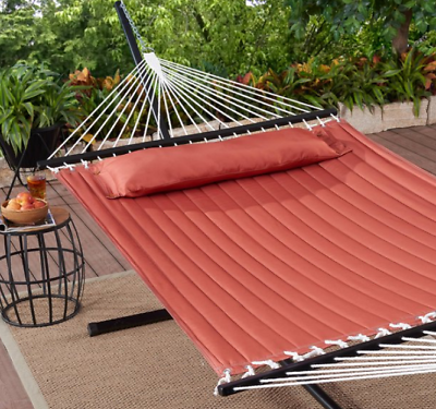 #ad Outdoor Camping Quilted Double Hammock w Pillow 445 lb Capacity Heavy duty NEW $60.78