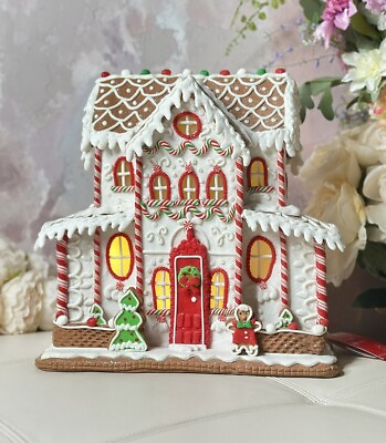 #ad 13quot;Christmas Lights Up White Gingerbread House Mansion W Trees Cookie Mint Candy $199.99