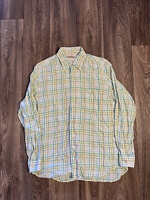 #ad Vintage Tommy Bahama Shirt Multi Color Checkered Green Linen Long Sleeve Small $24.99