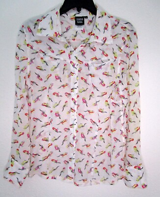 #ad Sharon Young Women#x27;s 6 Button Up Lightweight Blouse Shirt Bird Print Long Sleeve $13.98