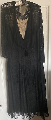 #ad Antique Black Lace Dress 3 4 Bell Sleeves Cream Lace Needs Repair Layers Soft S $114.95