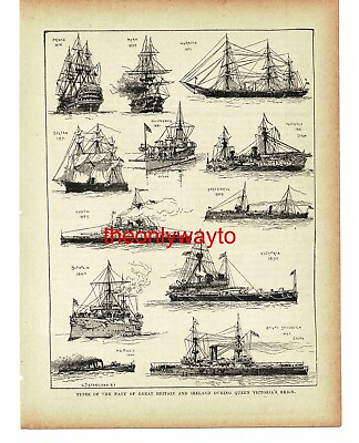 #ad Victorian Navy 12 Types Of Vessels Contrast Book Illustration Print c1895 GBP 24.97