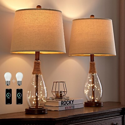 #ad OYEARS 23quot; USB AC Table Lamp Sets of 2 Modern Bedside Lamps Retro Farmhouse ... $154.86