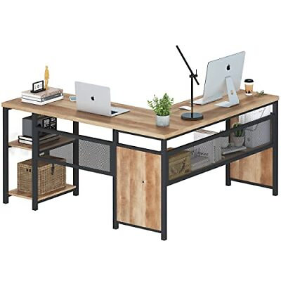 #ad L Shaped Computer Desk Industrial Office Desk with Shelves Reversible Wood ... $348.56