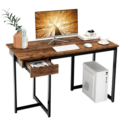 #ad 48quot; Rustic Computer Office Desk Wooden Top Working Station Metal Frame w Drawer $70.96