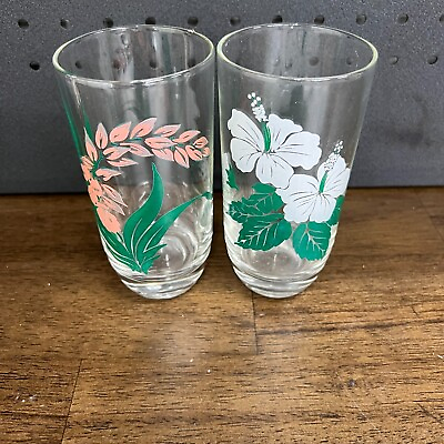 #ad Vintage Glass Hand Painted Pink Floral Glass Set of 2 pink hibiscus ginger $19.99