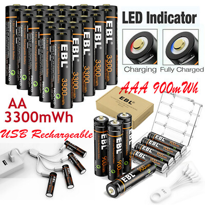 #ad EBL 1.5V AA AAA Lithium Batteries 3300mWh Rechargeable USB Battery Cable Lot $19.99