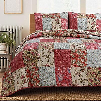 #ad Cozy Line Home Fashions 3 Piece Country Floral Paisley Red Blue Khaki Patchwork $104.94
