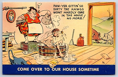 #ad Comic Humor c1940#x27;s Paw Yer Gittin So Dirty The Hawgs Won#x27;t Hardly Come Postcard $5.50