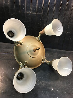#ad Vtg Brass Pan 4arm Art Deco Ceiling Light Fixture Tested Working New Wires $225.00