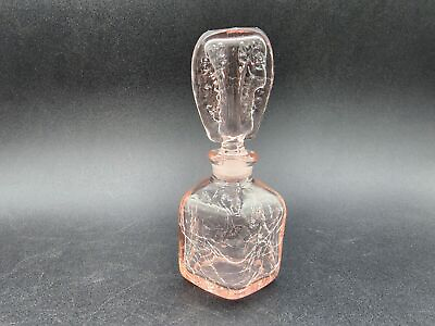 #ad Pink crackle glass perfume bottle Flower 5” Tall $20.00
