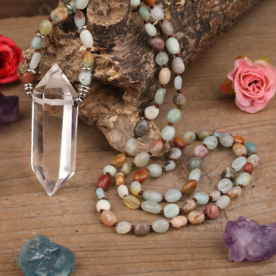 #ad Natural White Quartz Pendant Amazonite Chip Beads Knot Handmade Mala Necklace $12.99