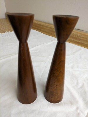 #ad Vtg. MCM stained wood Danish modern candlestick pair. $75.00