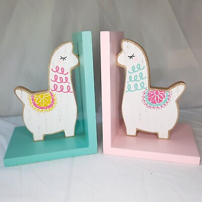 #ad Pair Wooden Llama Bookends Pink and Mint Blue $12.95
