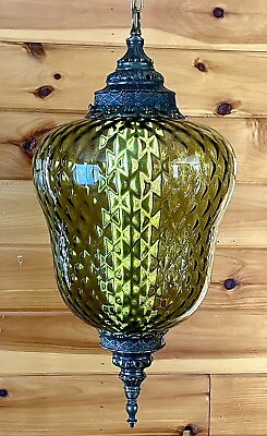 #ad Vtg Antique 1960#x27;s 70#x27;s Retro MCM Designer Green Glass Hanging Swag Light Lamp $385.00