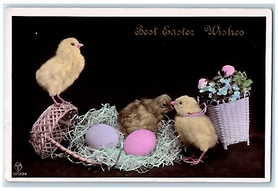 #ad 1912 Best Easter Wishes Chicks Eggs Nest Flowers In Basket RPPC Photo Postcard $9.98
