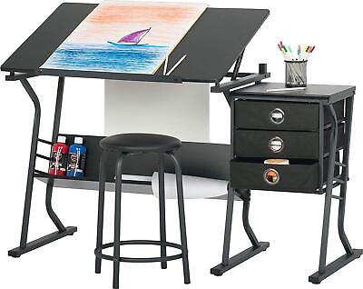 #ad Art Desk Drafting Table 2 PC Vision Drawing Mobile Adjustable Top Padded Stool $180.65