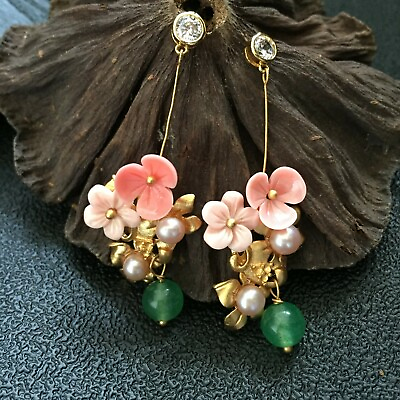 #ad D13 Romantic Earrings Gold Plated Freshwater Pearls Flowers Unplugged Silver 925 C $81.69