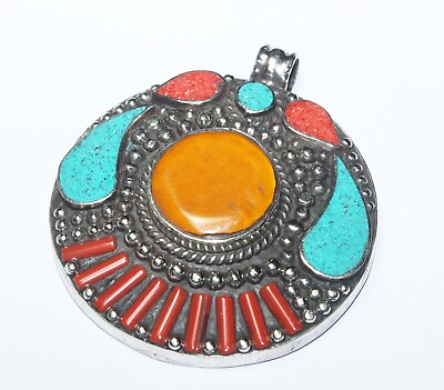 #ad Tibetan Turquoise Amber Coral Handmade Gemstone Nepali Pendant Jewellery Size 3 $11.99