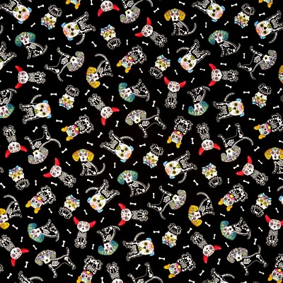 #ad Animal Fabric Sugar Skull Dog Skeleton Toss Black Cotton YARD $7.98
