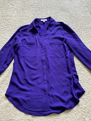 #ad Express Women Long Roll Tab Sleeve Button Up Portofino Shirt Purple Size S $17.99
