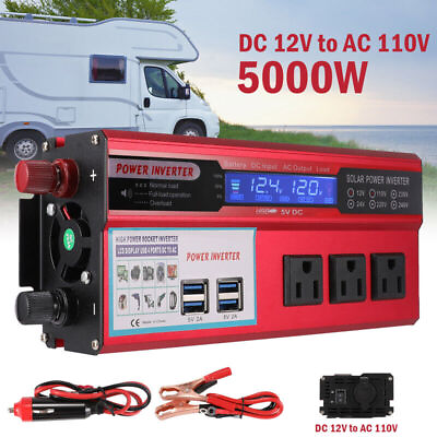 #ad 5000W Car Power Inverter DC 12V To AC 110V Pure Sine Wave Solar Converter LCD $48.89