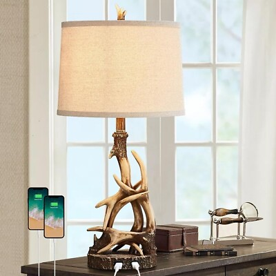 #ad Rustic Farmhouse Table Lamp for Living Room End Table Deer Antler Lamps with ... $65.00