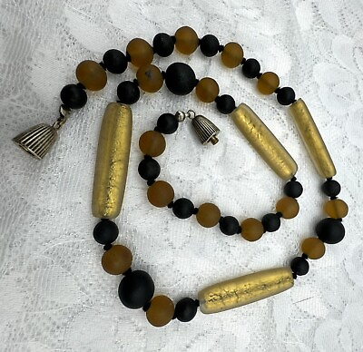 #ad Vintage Frosted Glass Bead Necklace Artisan Made Gold Black Brown Hand Knotted $18.00