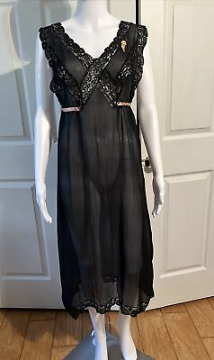 #ad Vintage 1930s Black Crepe Silk amp; Floral Lace Slip Dress Full Length Floral Lace $125.00