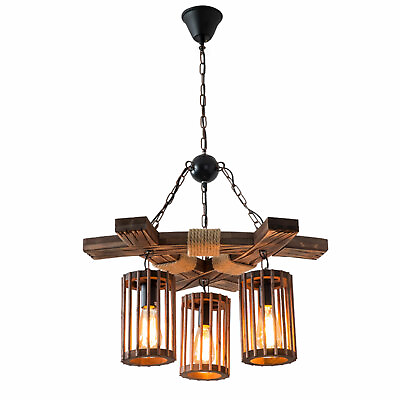 #ad 3 Light Chandelier Wooden Pendant Island Light Rustic Farmhouse Ceiling Lamp $58.90