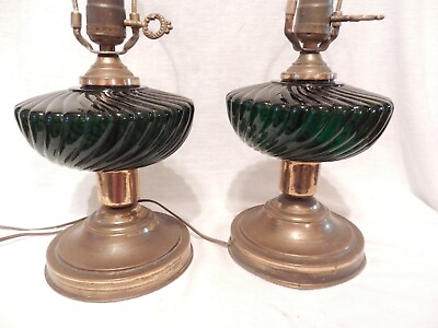#ad Pr. BRASS amp; RIBBED SPIRAL EMERAL GREEN GLASS DESK TABLE LAMPS $59.99