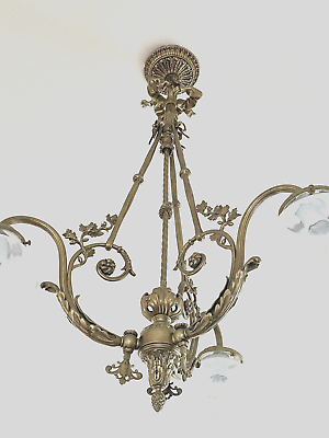 #ad Gilded Age Belle Epoque French Brass Chandelier with Opaline GLass $1099.00