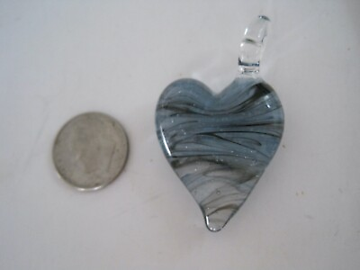 #ad Love Glass Heart Shaped Pendant Handblown Artist Glass Clear Black $12.97