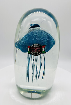 #ad VTG Italian Art Glass Jellyfish Aquarium Paperweight W Bubbles Teal Gift $34.99