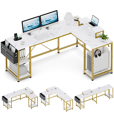 #ad L Shaped Desk 95quot; Reversible Corner Computer Desk with Shelves Home Office White $109.99