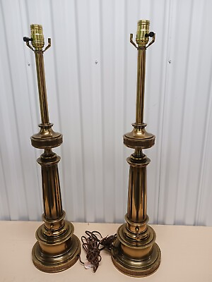 #ad Vintage PAIR Stiffel MCM Solid Brass Enamel Table Lamps 29.5quot; Tall $280.00