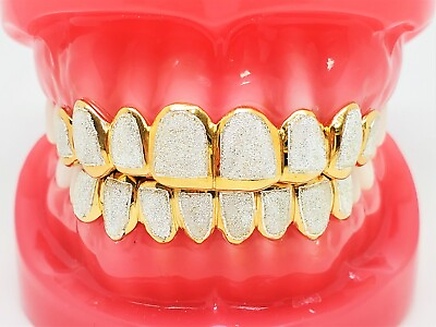 #ad Silver W 18K Yellow Gold Plated Two Tone Diamond Dust Cut Custom Fit Grillz $450.00