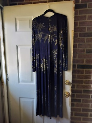 #ad Women Vintage Maxi Long Sleeve Gold Leaf Print Ladies Dress Sz 14 $20.00