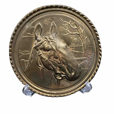 #ad Vtg Horse Hammered Copper Wall Plaque Round Embossed Bronze Horse Head England $34.00