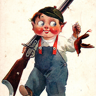 #ad #ad Vintage 1912 Boy Child Hunting Bird Girl Double Shotgun Bonnet Postcard Riffle $37.50