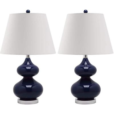 #ad SAFAVIEH Lamp Sets 24quot; Double Gourd Glass w Off White Shade Navy Set of 2 $169.86