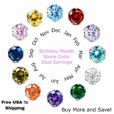 #ad Birthday Month Color Earrings Stainless CZ Premium Luxury Birthstone USA Gift $4.99