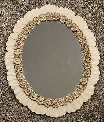 #ad Syroco Wood Mirror Roses Cream Gold 18quot; X 15quot; Wall Table Oval Vanity Stand $49.99