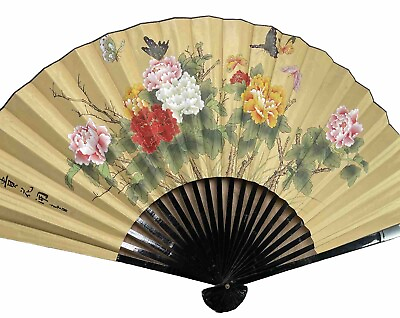 #ad VINTAGE Oriental Wall Art JAPANESE Folding Fan HUGE 4’x 3’ Peonies Cloth Heavy $59.97