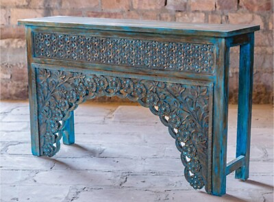 #ad Rustic Console Arch Table Blue Sofa Accent Console Table Brass Studs Hand Car $1889.00